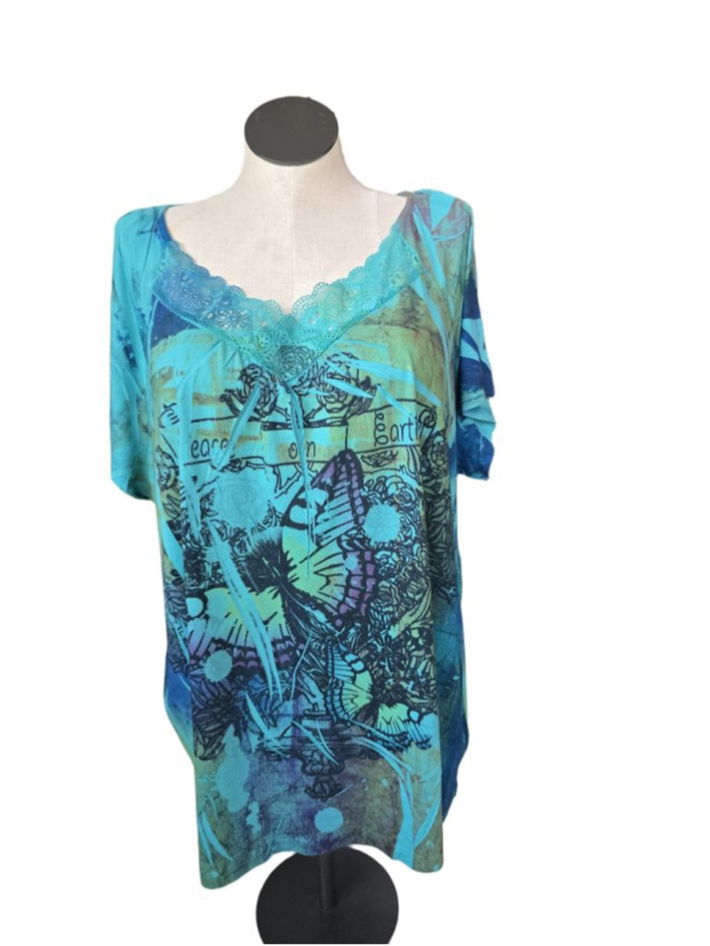 Avenue Teal Blue Butterfly Short Sleeve Tee Plus Size 26/28